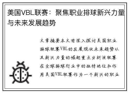 美国VBL联赛：聚焦职业排球新兴力量与未来发展趋势